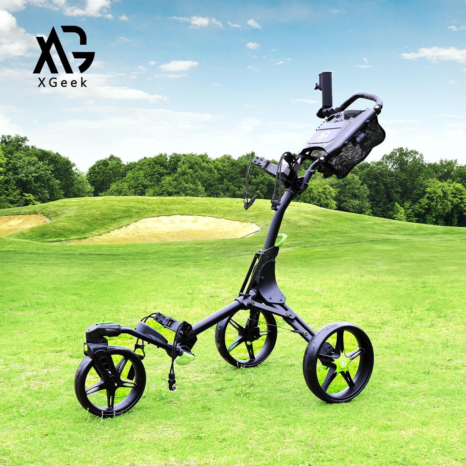 XGeek Golf Push Cart 3 Wheel,360 Rotating Front Wheel Foldable Golf Pull Cart for Golf Clubs,Carries Umbrella Stand and Premium Storage