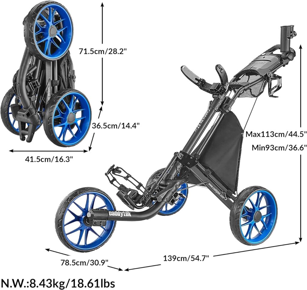 CaddyTek 3 Wheel Golf Push Cart - Foldable Collapsible Lightweight Pushcart with Foot Brake - Easy to Open  Close