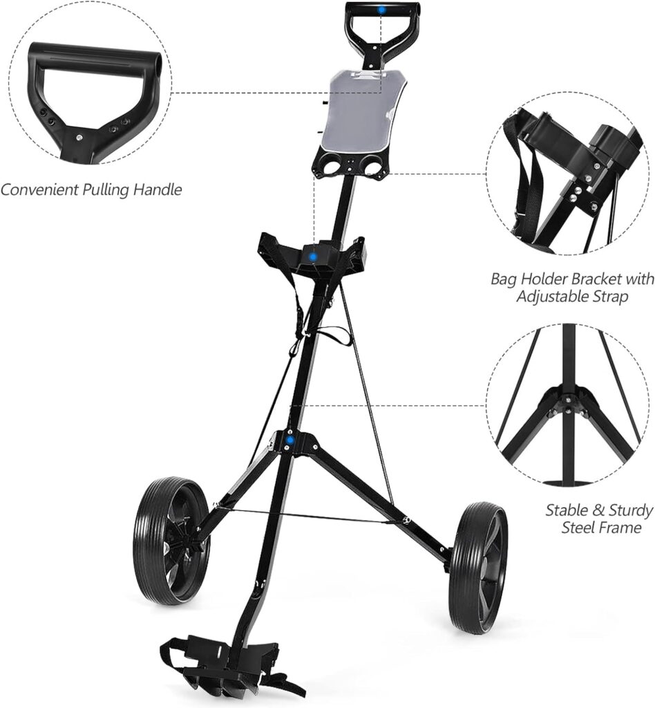 GYMAX 2 Wheel Push Pull Golf Cart, Lightweight Folding Golf Trolley Cart with Scoreboard for Golf Club Court