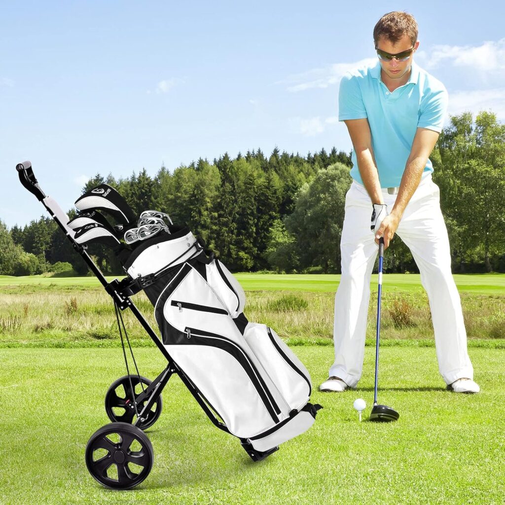 GYMAX 2 Wheel Push Pull Golf Cart, Lightweight Folding Golf Trolley Cart with Scoreboard for Golf Club Court