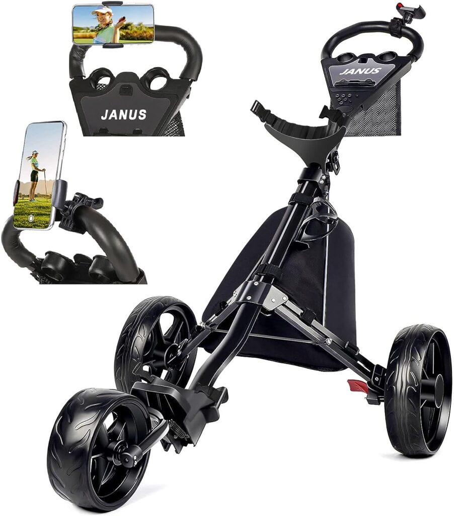 JANUS Golf Cart, Foldable Golf Push cart,Golf Bag cart,Golf Pull cart with Phone Holder and ice Bag, 3 Wheel Golf Push carts