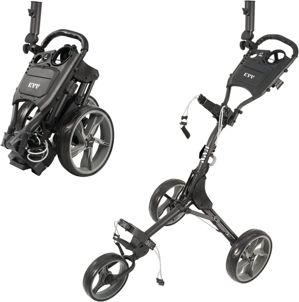 KVV 3 Wheel Golf Push Cart Ultra Lightweight Smallest Folding Size, New-Version Scorecard Holder