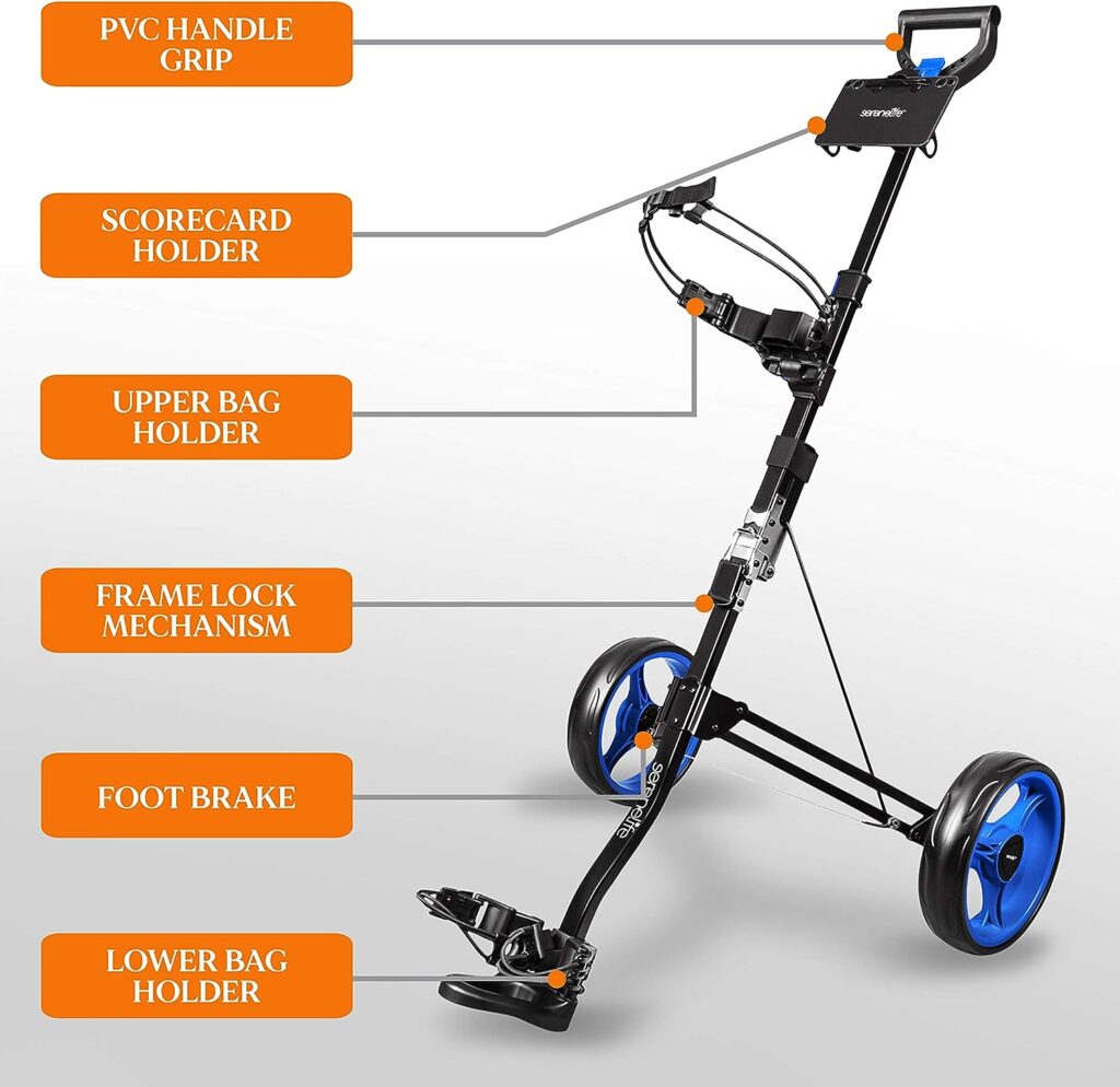SereneLife 2 Wheel Golf Push Cart - Lightweight Folding Walking Push Cart Roller Golf Bag Holder Upper/Lower Bracket w/ Elastic Strap, Bag Storage Holder SLGZX3