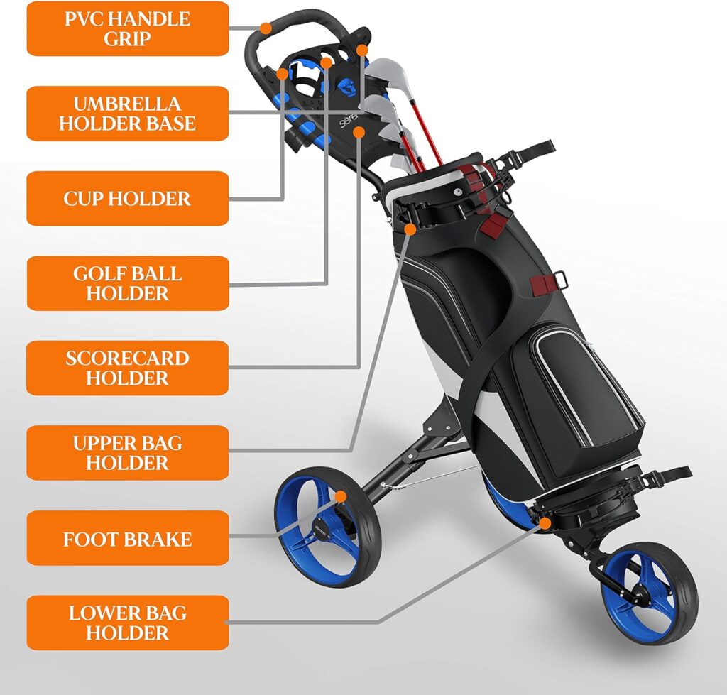SereneLife 3 Wheel Golf Push Cart - Lightweight Folding Golf Walking Push Cart Roller Golf Bag Holder w/Upper/Lower Bracket w/Elastic Strap, Scorecard, Cup, Bag Storage Holder - SereneLife SLG3W