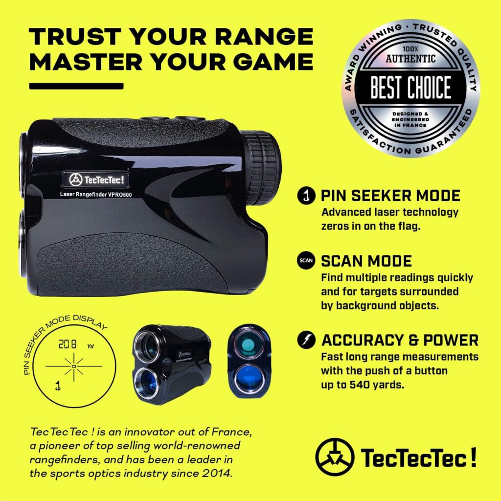 TecTecTec VPRO500 Golf Rangefinder with High-Precision, Laser Range Finder Binoculars with Pinsensor and Battery, Golf Accessories for Golfing and Hunting - Black